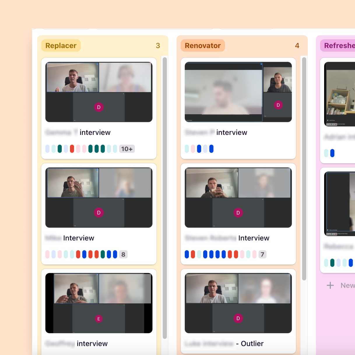 Customer interview recordings organised into research groups.