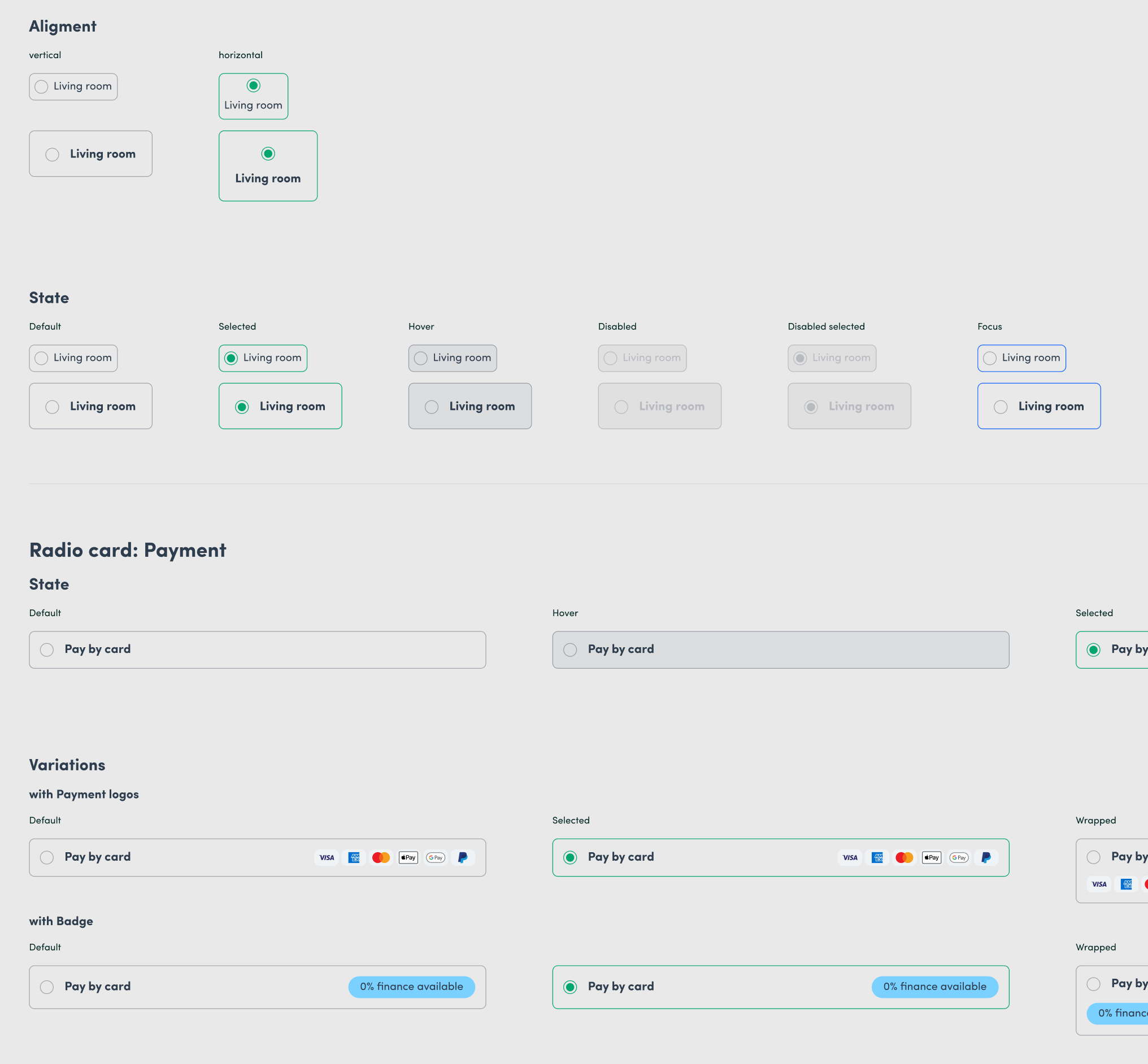 Design system radio cards documenting alignment, interaction states and payment variations.