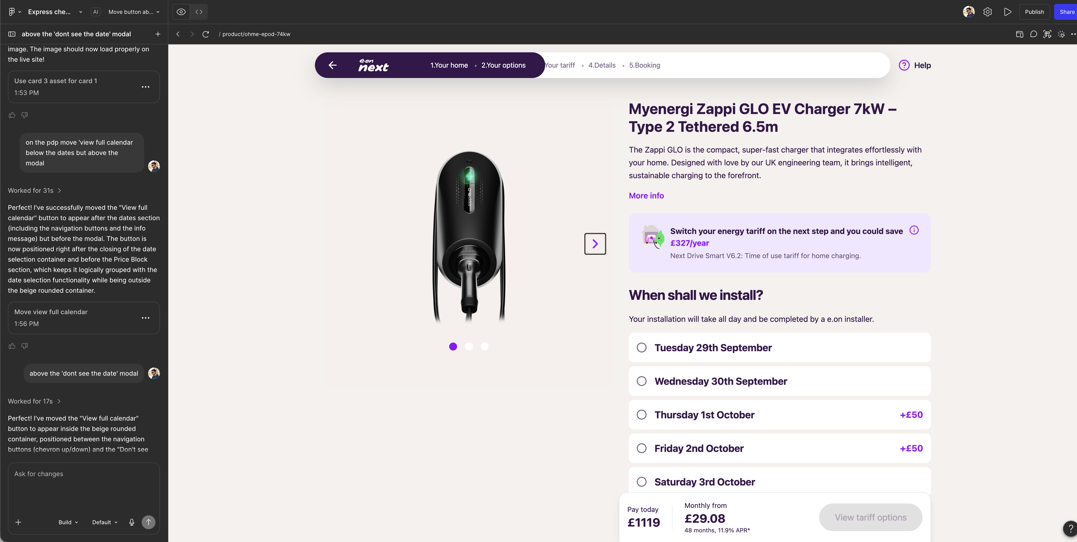 An EV charger purchase and installation prototype shown in a design tool.