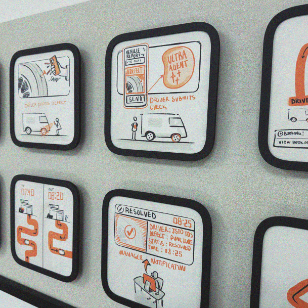 Physical mapping frames displaying hand-drawn service storyboards.
