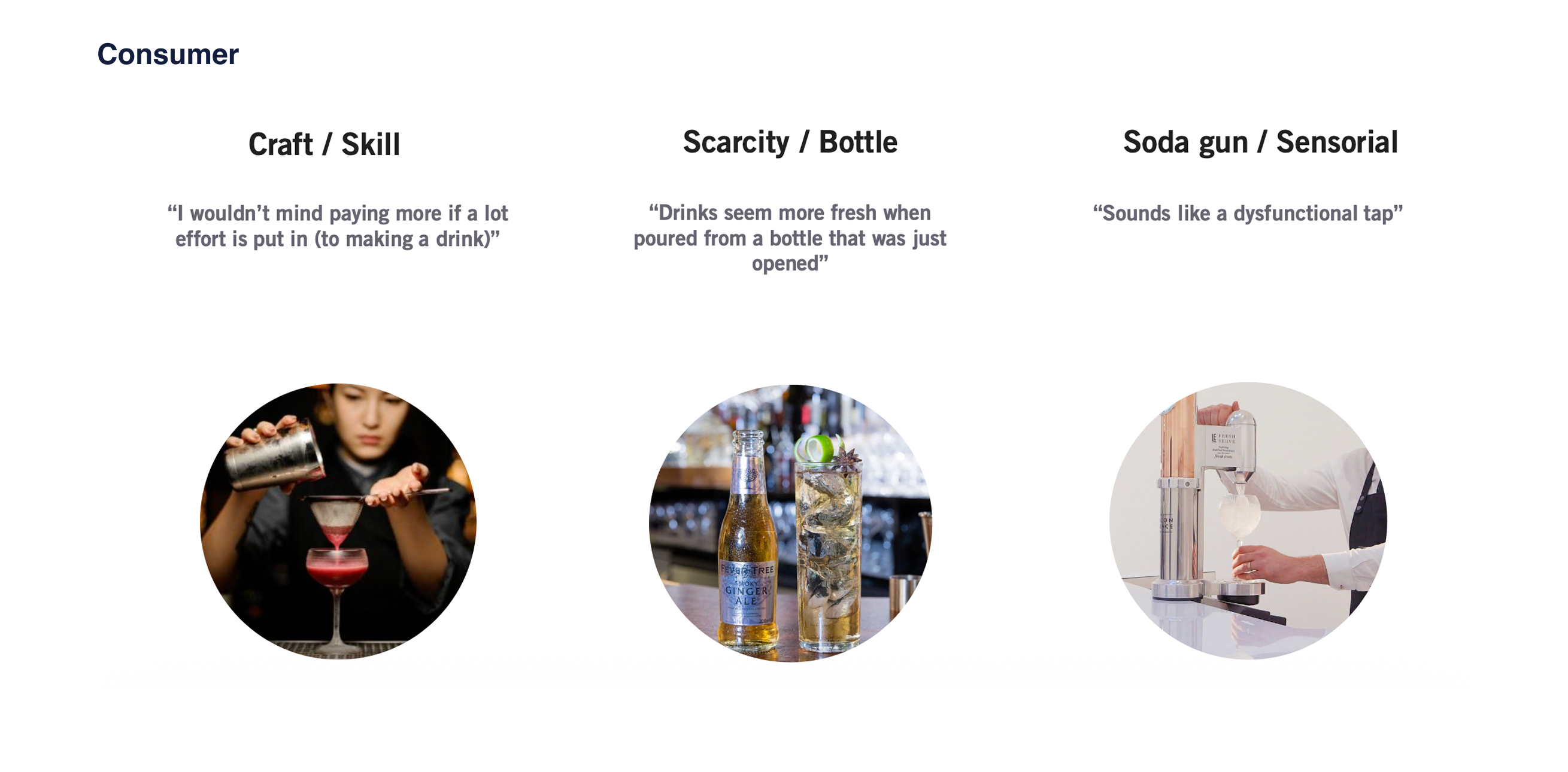 Consumer research themes: visible craft and skill, freshness associated with a newly opened bottle, and negative reactions to the sound of generic dispensing